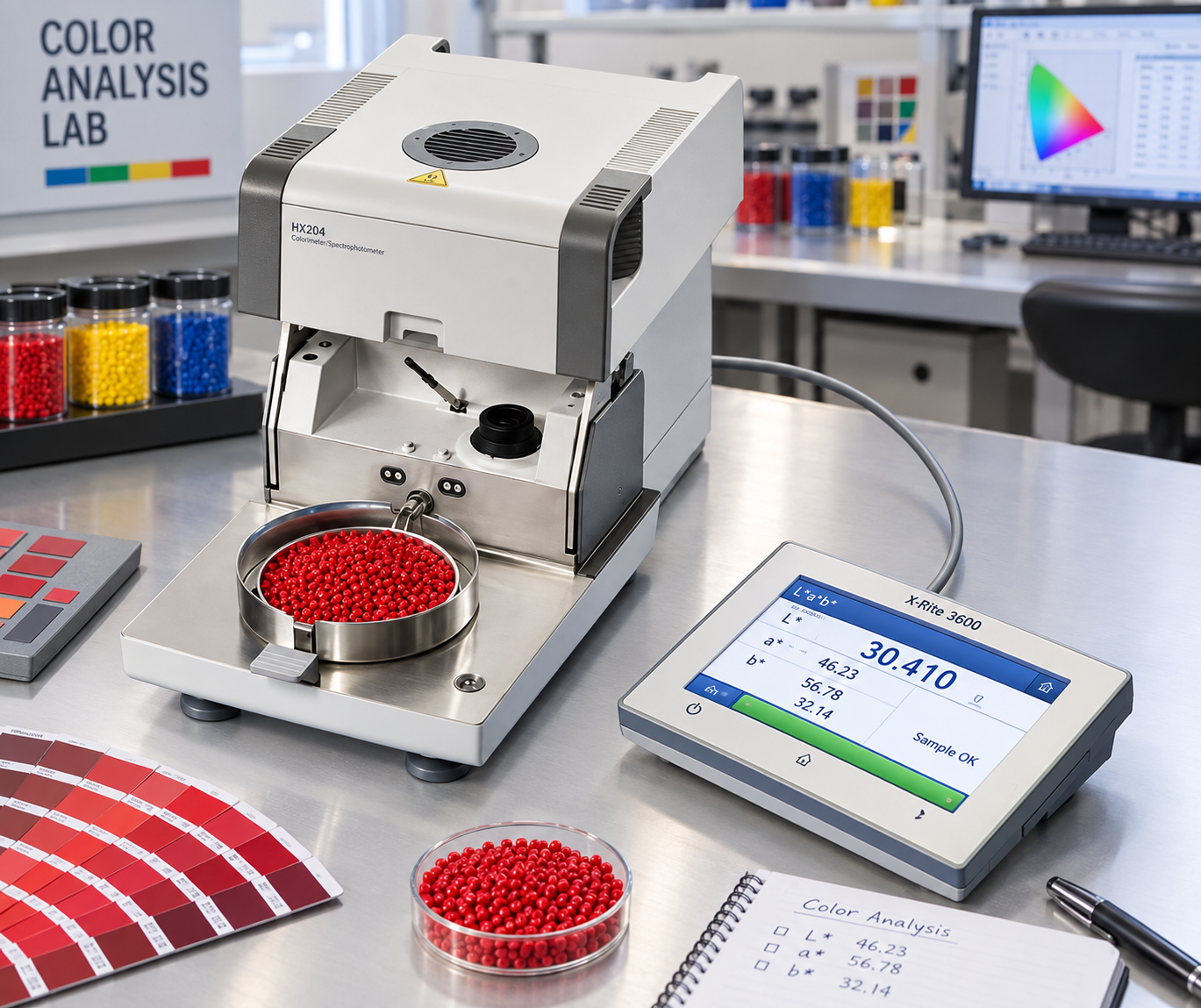 Moisture analyzer testing red plastic resin pellets in the color analysis lab