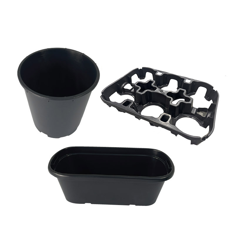 Black plastic nursery pot, planter and multi-pot carrying tray