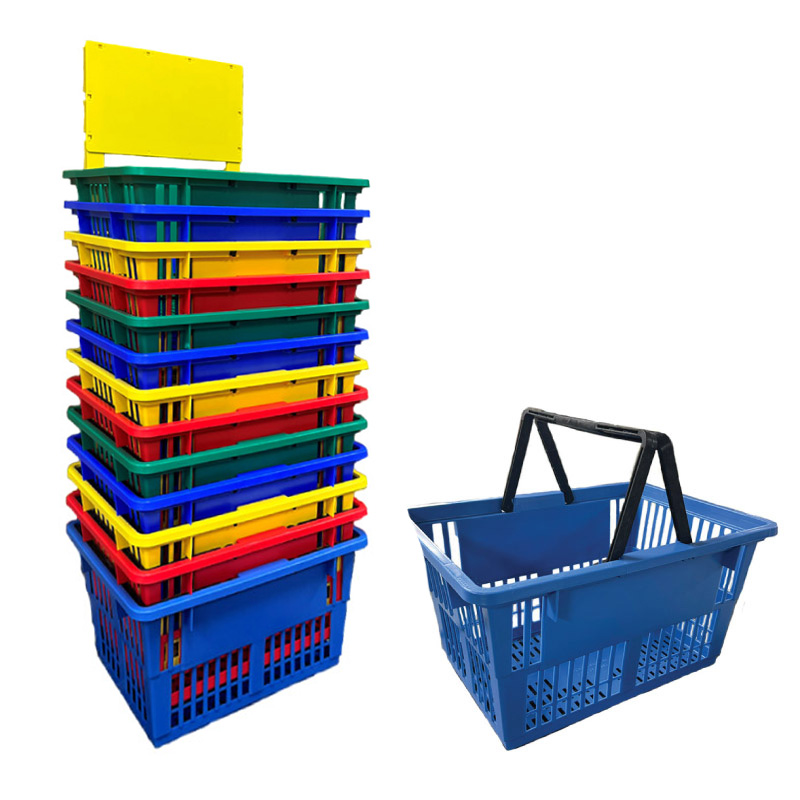 Stack of colorful plastic shopping baskets with a sign holder beside a blue basket