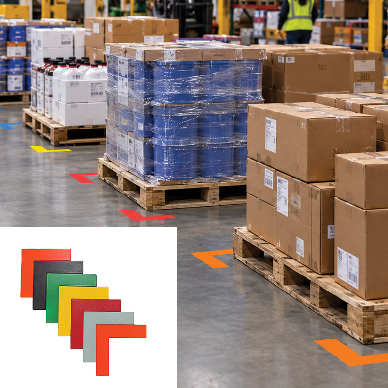 Colored 5S floor marker corners and pallets marked on a warehouse floor