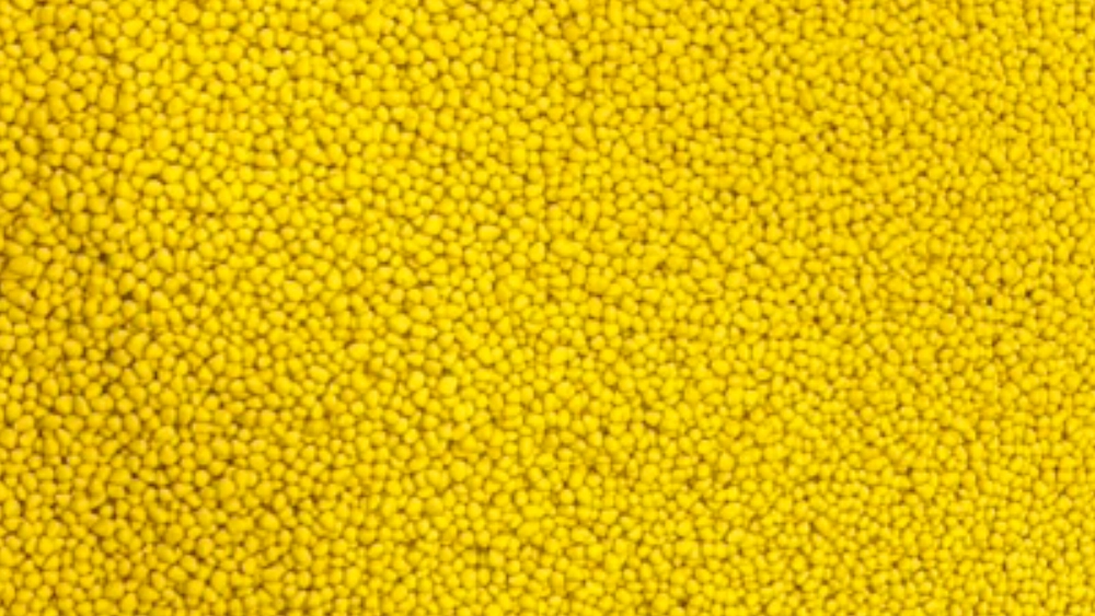 Close-up of yellow plastic resin pellets