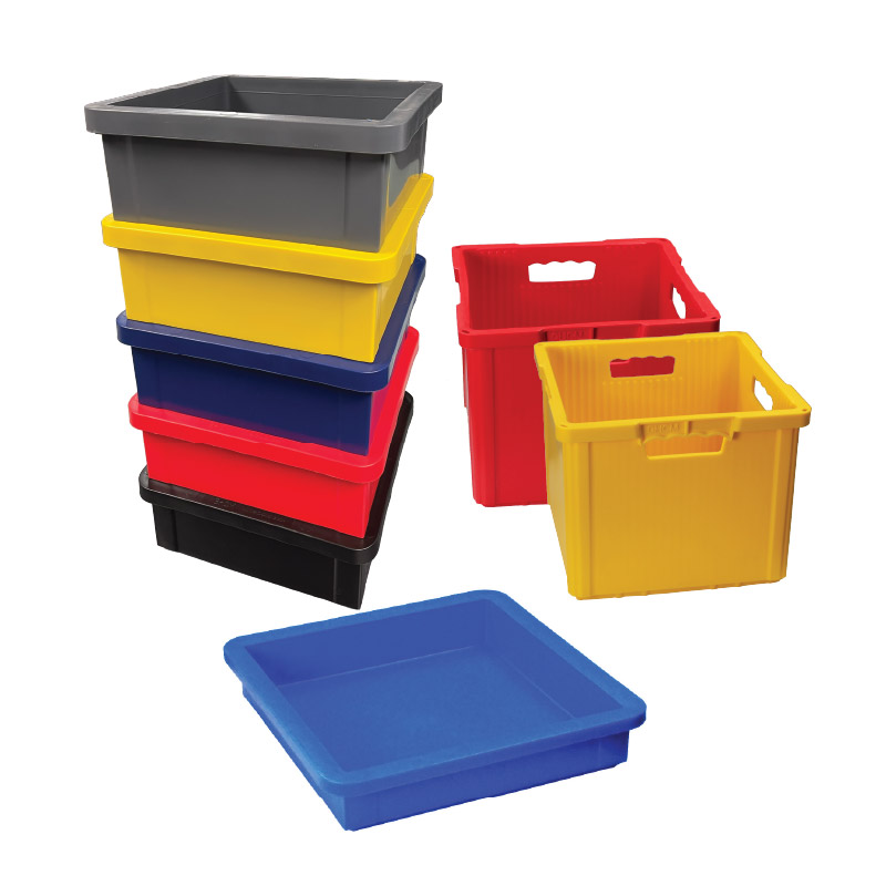 Stacked heavy-duty plastic totes in gray, yellow, blue, red and black