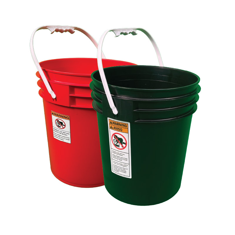 Red and green 5-gallon plastic buckets with white handles