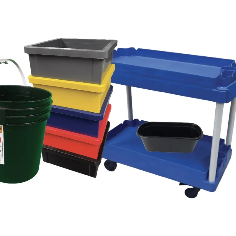 Group of GHCM proprietary products: buckets, stacked totes and a blue utility cart