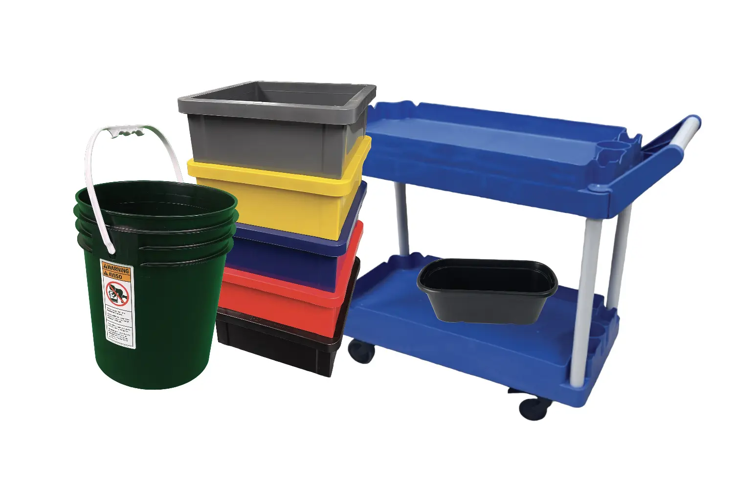 Group of GHCM proprietary products: buckets, stacked totes and a blue utility cart