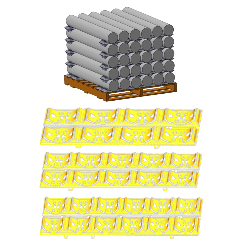 Gray rolls stacked on a pallet using yellow plastic Roll Stacker separators