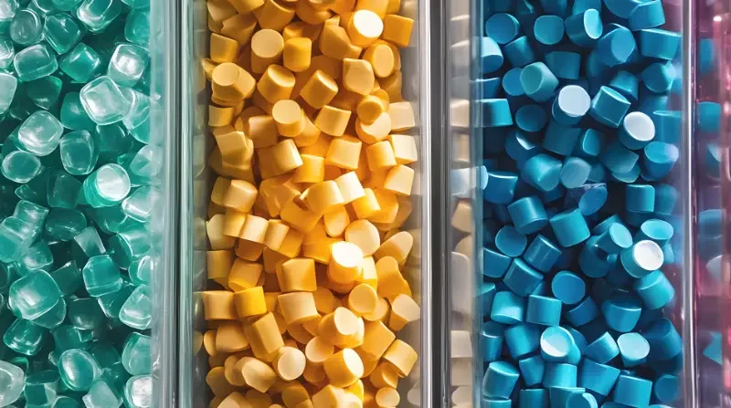 Tubes of red, teal, yellow, blue and pink plastic resin pellets