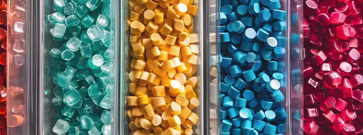 Tubes of red, teal, yellow, blue and pink plastic resin pellets