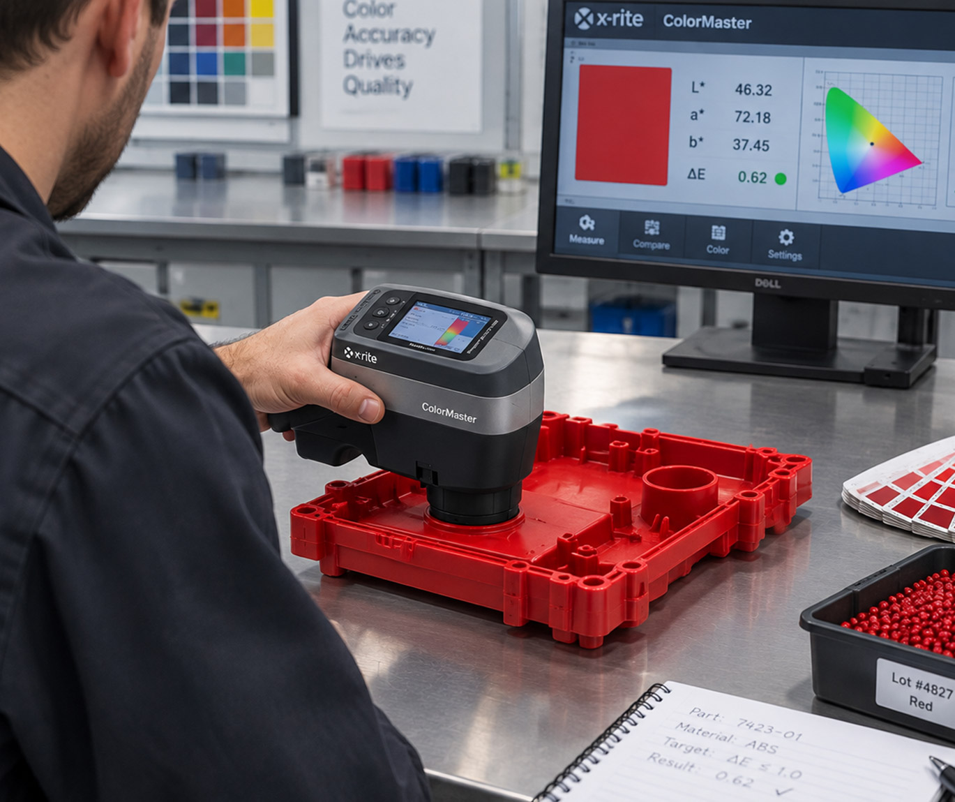 Quality technician measuring a red molded plastic part with a handheld spectrophotometer